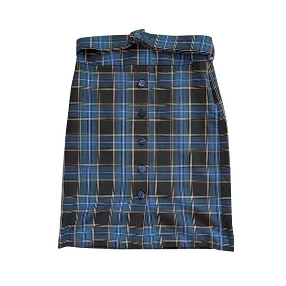 Maeve by Anthropologie Navy Plaid Pencil Skirt Belted Size 14 - Picture 1 of 4